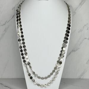 Silver Tone Hammered Disc Coin Double Strand Long Necklace Lobster Clasp ✨